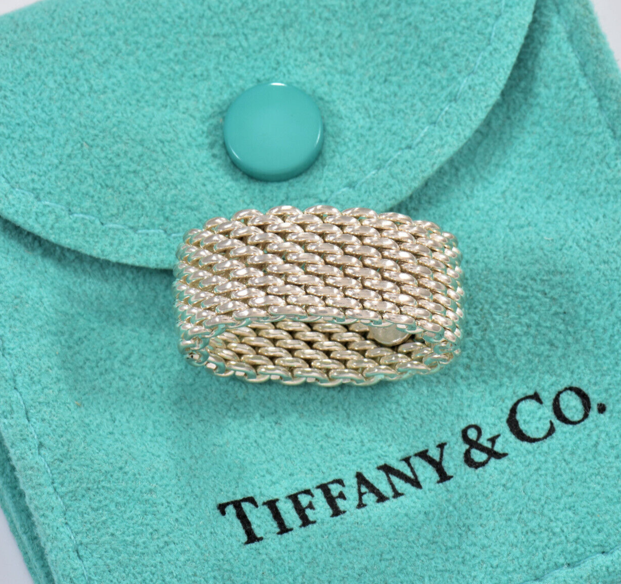 Size 8 Tiffany & Co Somerset Sterling Silver Mesh Link Band Ring in Pouch Rare