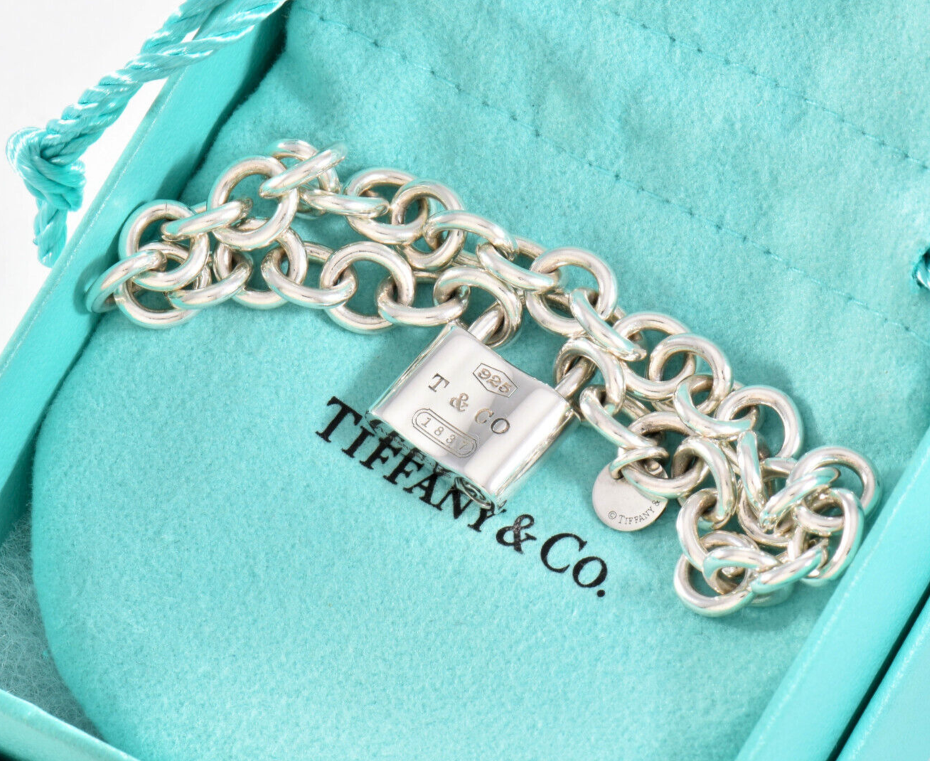 7.75" Tiffany & Co Sterling Silver 1837 Lock Chain Link Bracelet in Pouch Rare