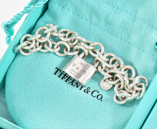 7.75" Tiffany & Co Sterling Silver 1837 Lock Chain Link Bracelet in Pouch Rare