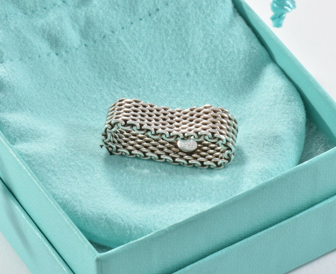 Size 10 Tiffany & Co Somerset Sterling Silver Mesh Ring in Pouch Lovely Rare