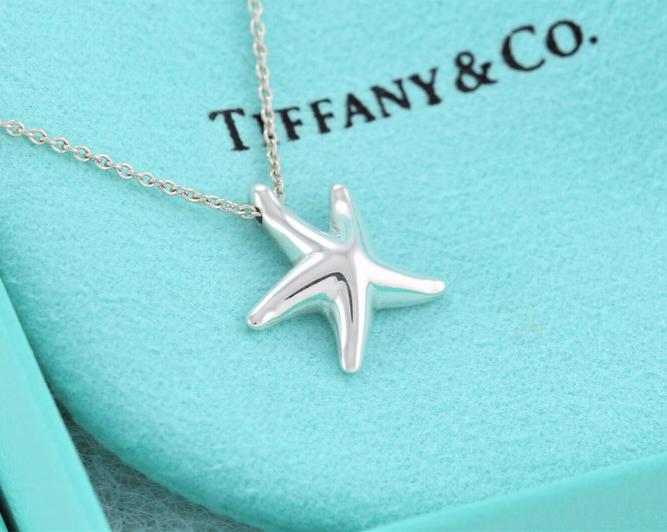 Tiffany & Co Silver Elsa Peretti Medium Starfish Pendant 16.25" Necklace & Pouch