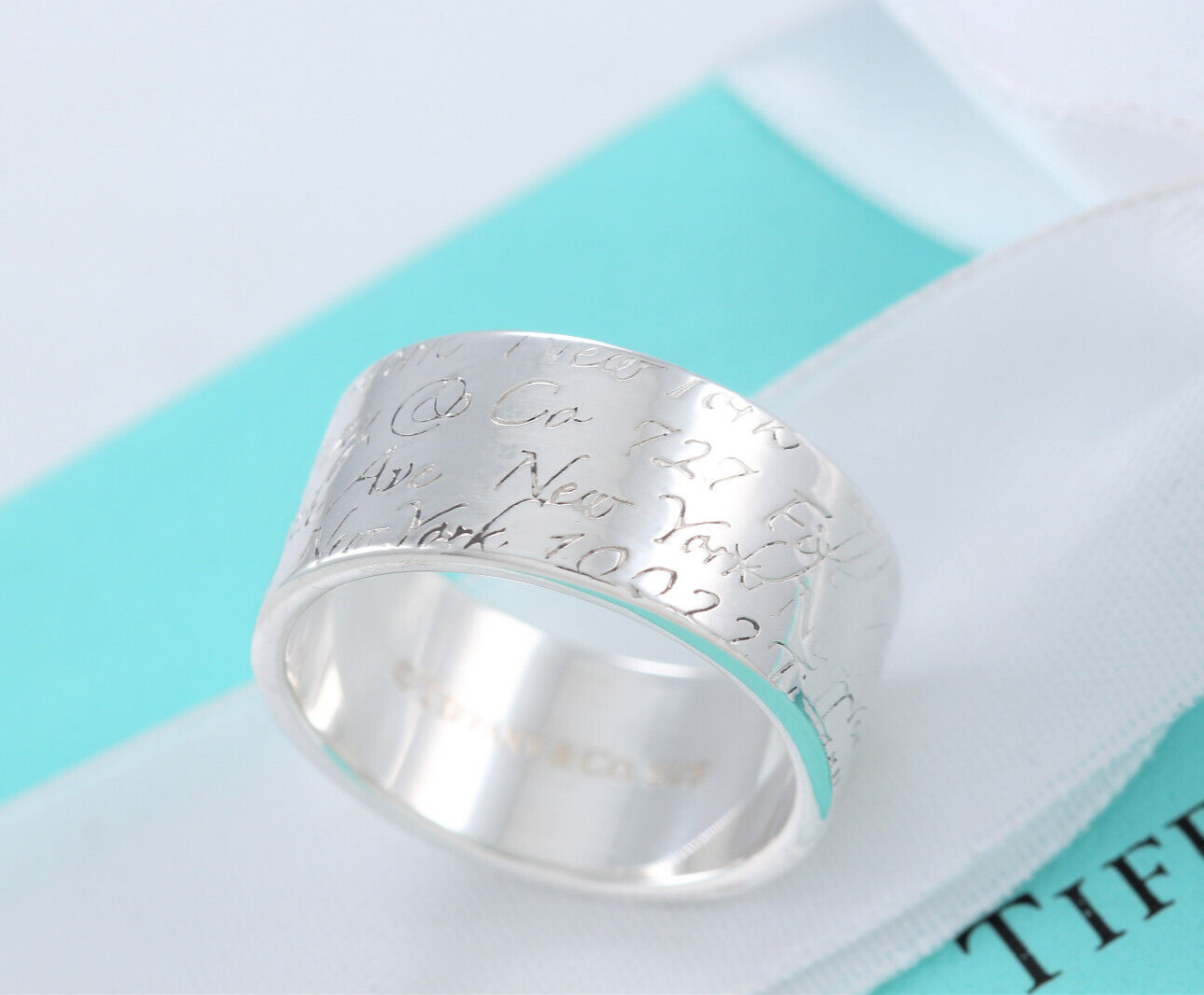 Tiffany & Co Silver Address Notes Script Wide Ring Size 6.5 Box Pouch 10mm Band