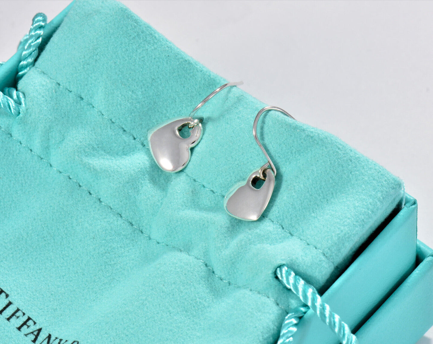 Tiffany & Co Silver Puff Heart Stencil Hook Earrings in Box Pouch Ribbon Dangle