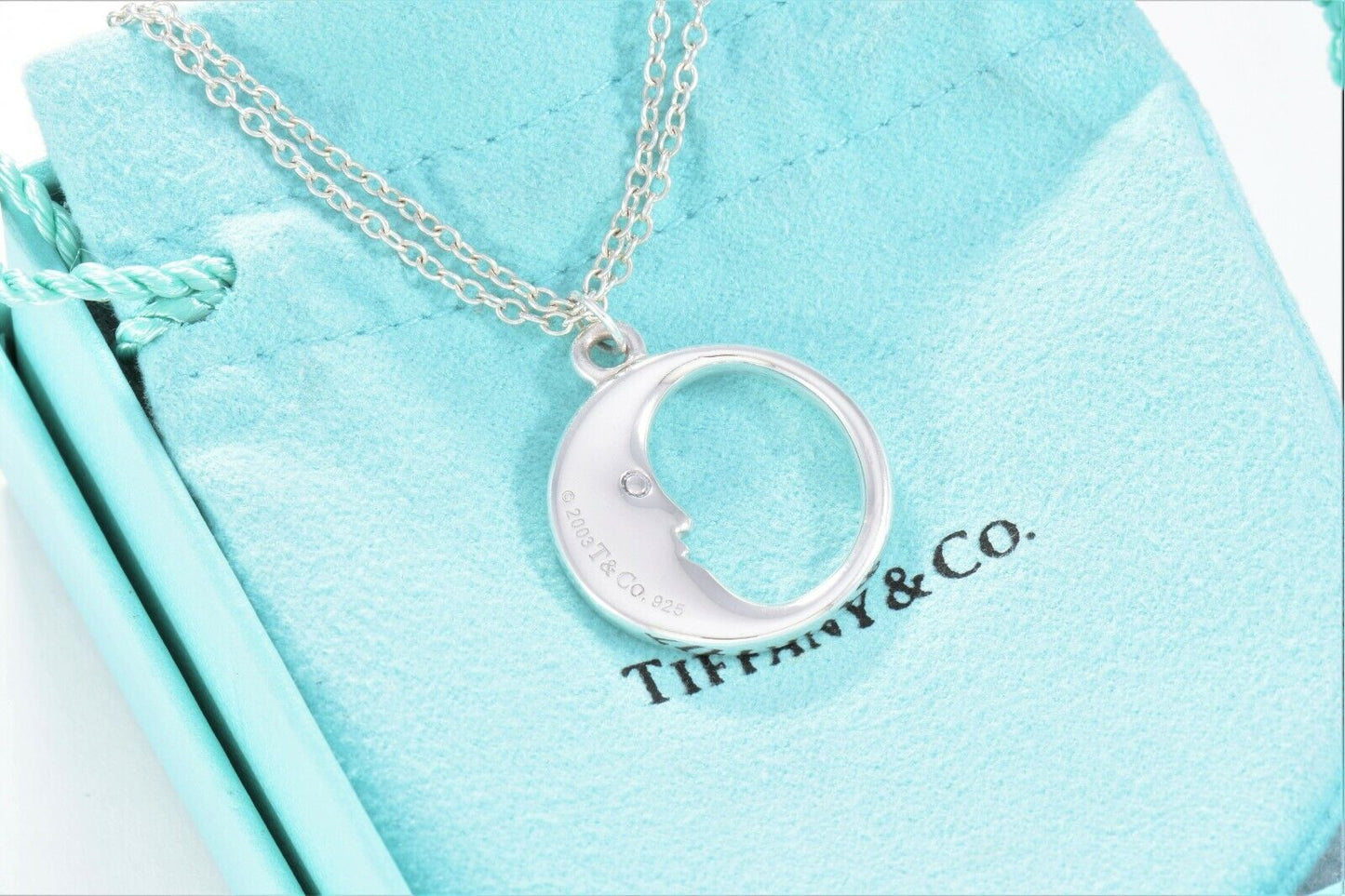 Tiffany & Co Sterling Silver Man In The Moon Double Chain Necklace 16" in Pouch