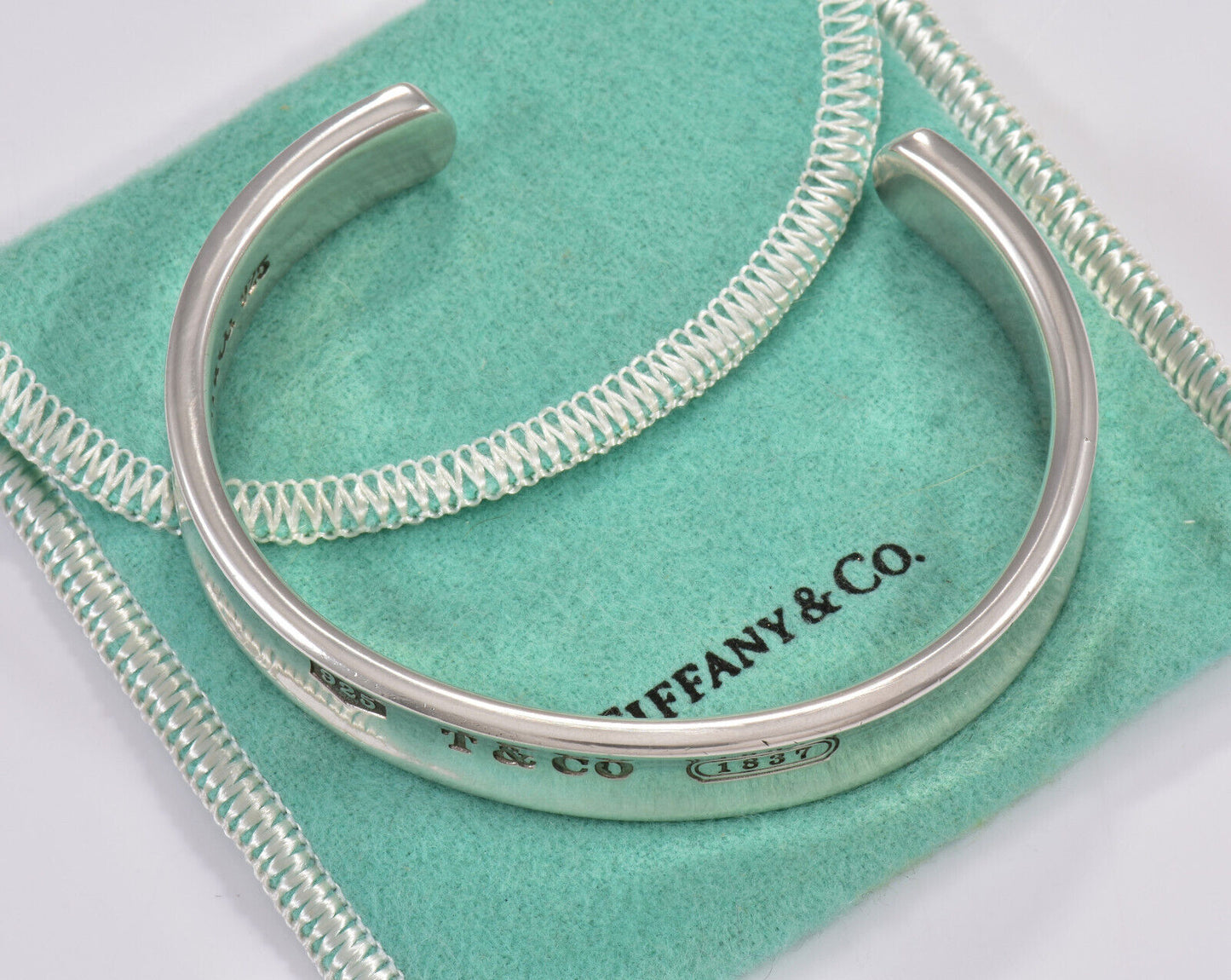 7.25" Tiffany & Co Sterling Silver 12mm Wide 1837 Cuff Bracelet in Pouch Unisex