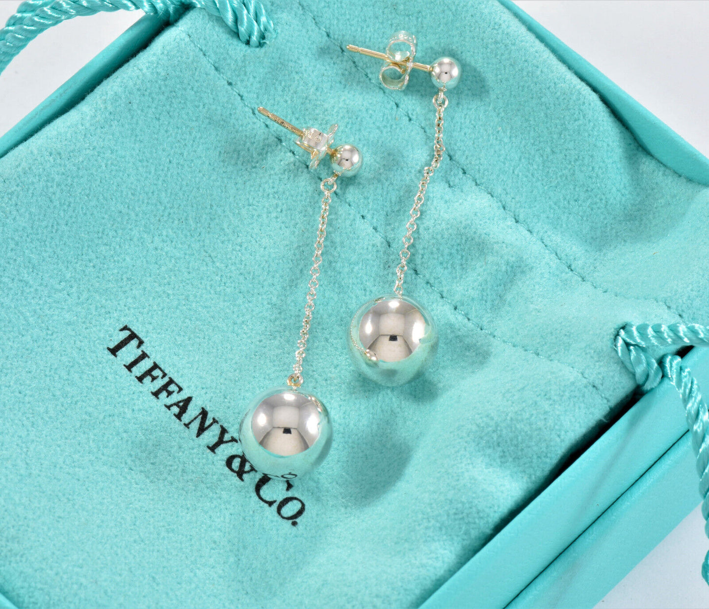 Tiffany & Co Silver 10mm Hardwear Bead Ball Drop Earrings in Box Pouch Dangle