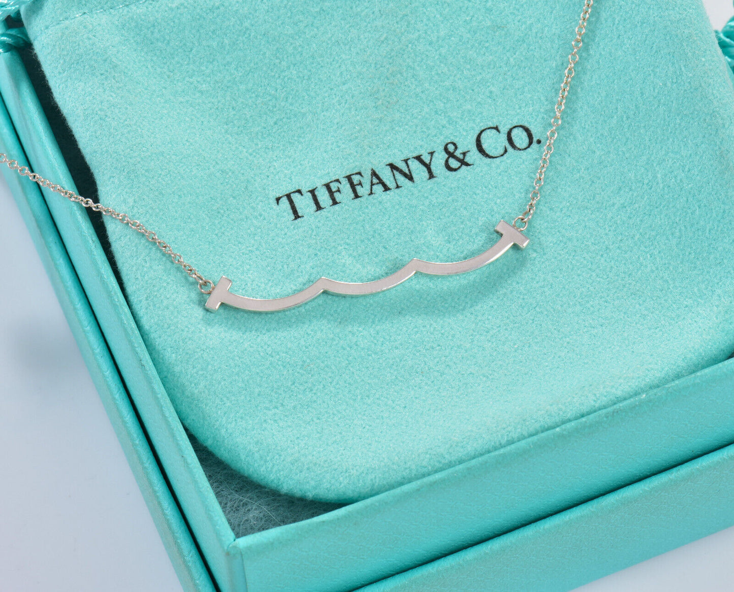 Tiffany & Co Sterling Silver T Wave Smile Pendant 16 - 18" Necklace in Box Pouch