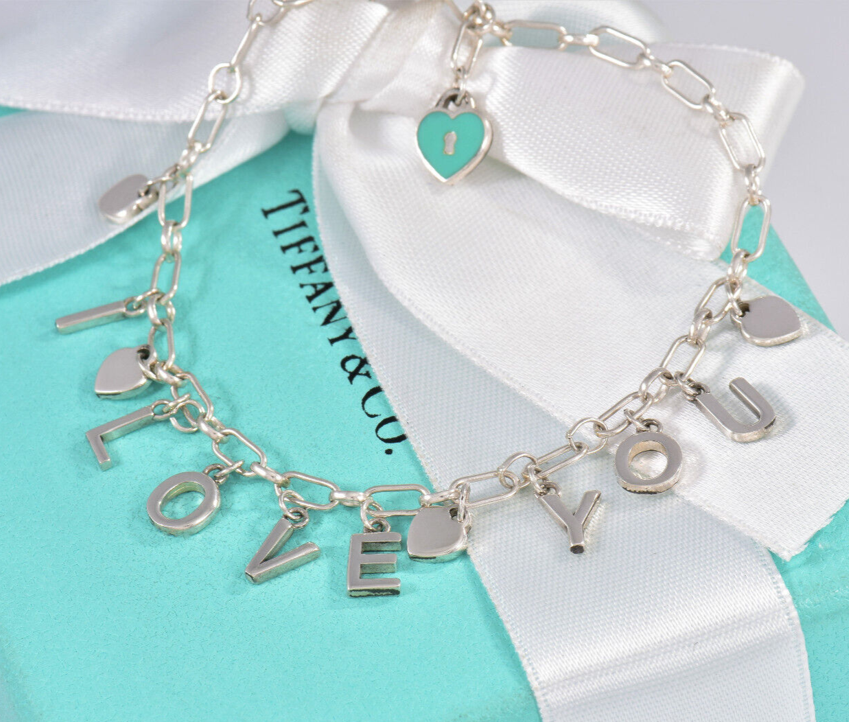 Tiffany & Co Silver Blue Enamel Heart I Love You Notes 7" Charm Bracelet in Box