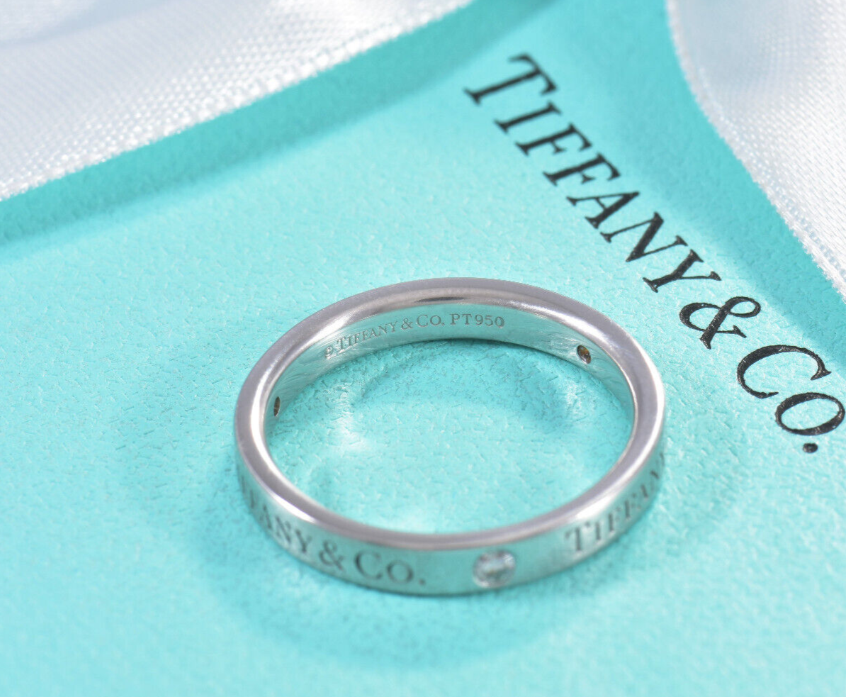 Size 8 Tiffany & Co Diamond Platinum Band 3mm Ring in Box Pouch .07 ct Classic