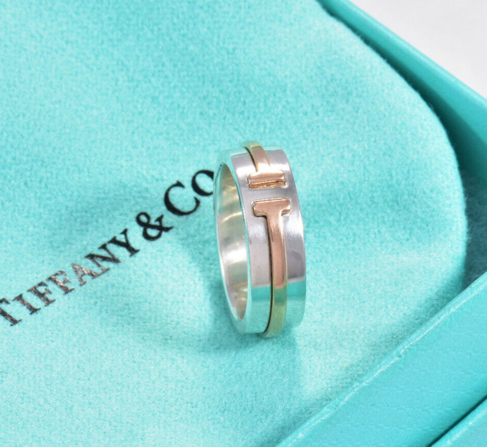 Size 5 Tiffany & Co 18k Rose Gold Silver T Square 6mm Wide Band Ring & Box Pouch