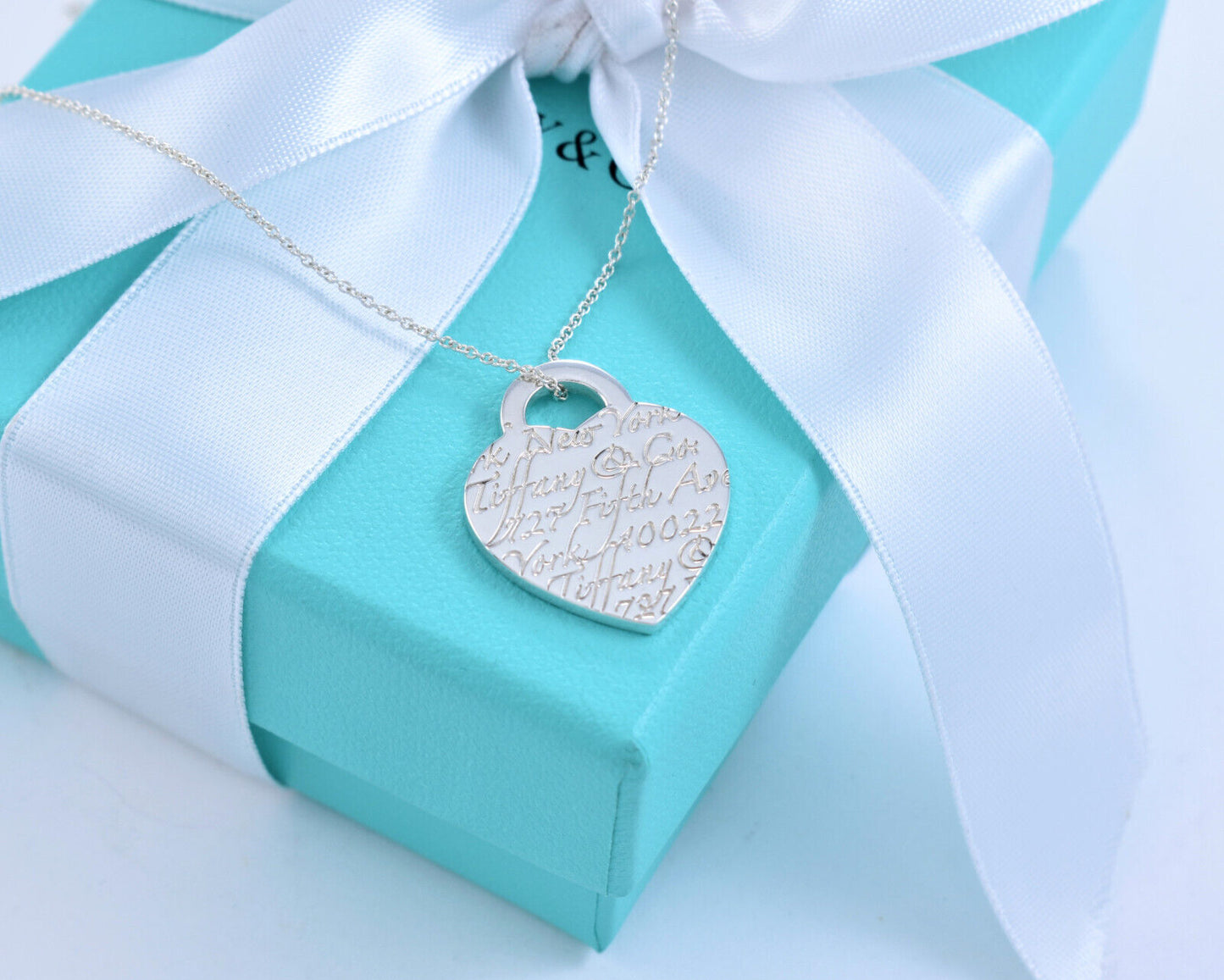 Tiffany & Co Silver Large 1" NY Adress Notes Heart Pendant 18" Necklace in Box