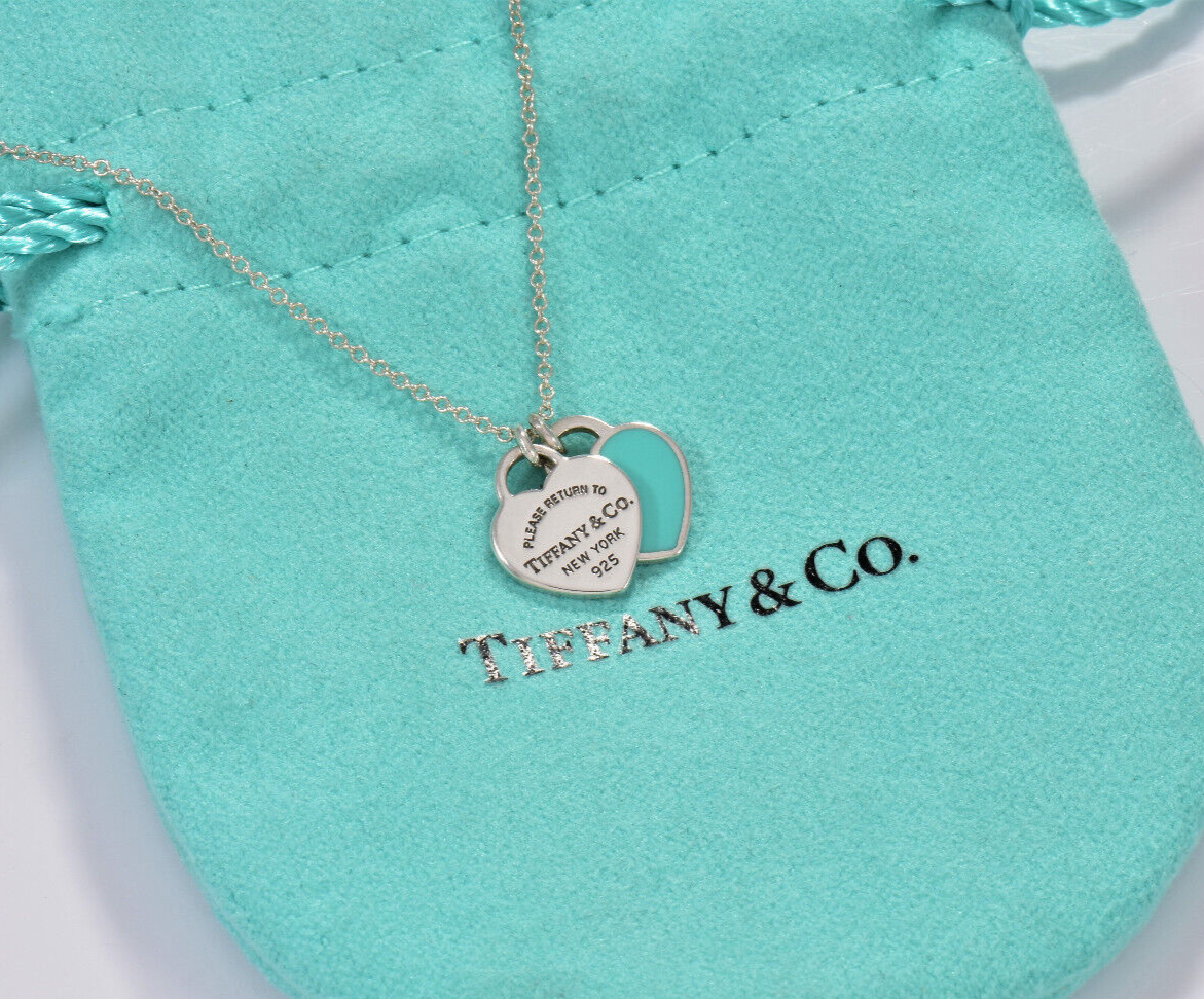 16.5" Please Return Tiffany & Co Silver Mini Double Heart Blue Enamel Necklace