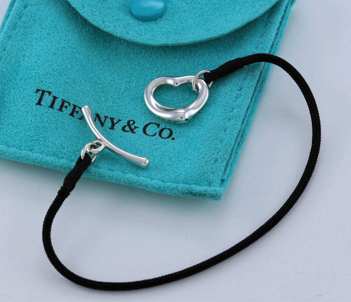 7.25" Tiffany & Co Silver Elsa Peretti Open Heart Silk Toggle Bracelet Box Pouch