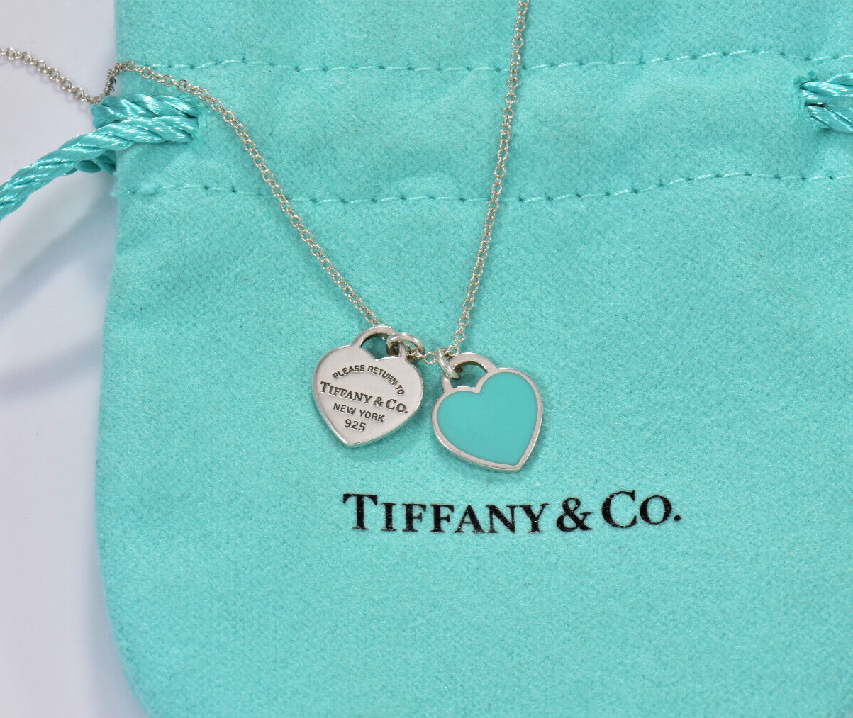 16.5" Please Return Tiffany & Co Silver Mini Double Heart Blue Enamel Necklace