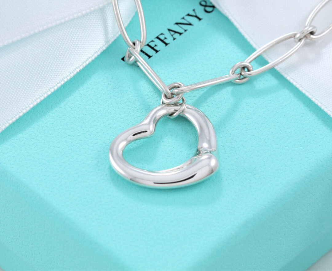 7.5" Tiffany & Co Elsa Peretti Silver Open Heart Oval Link Chain Bracelet Pouch