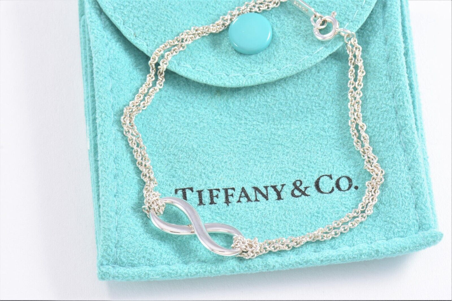 Tiffany & Co Sterling Silver Double Chain Infinity Bracelet 6.35" in Pouch Love