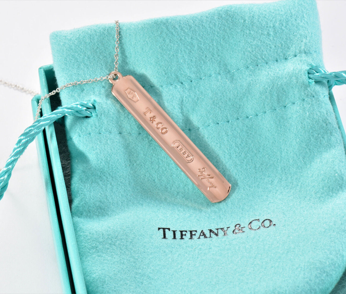 24" Tiffany & Co Rubedo Gold Silver 1837 Large Bar Pendant Necklace in Box Pouch