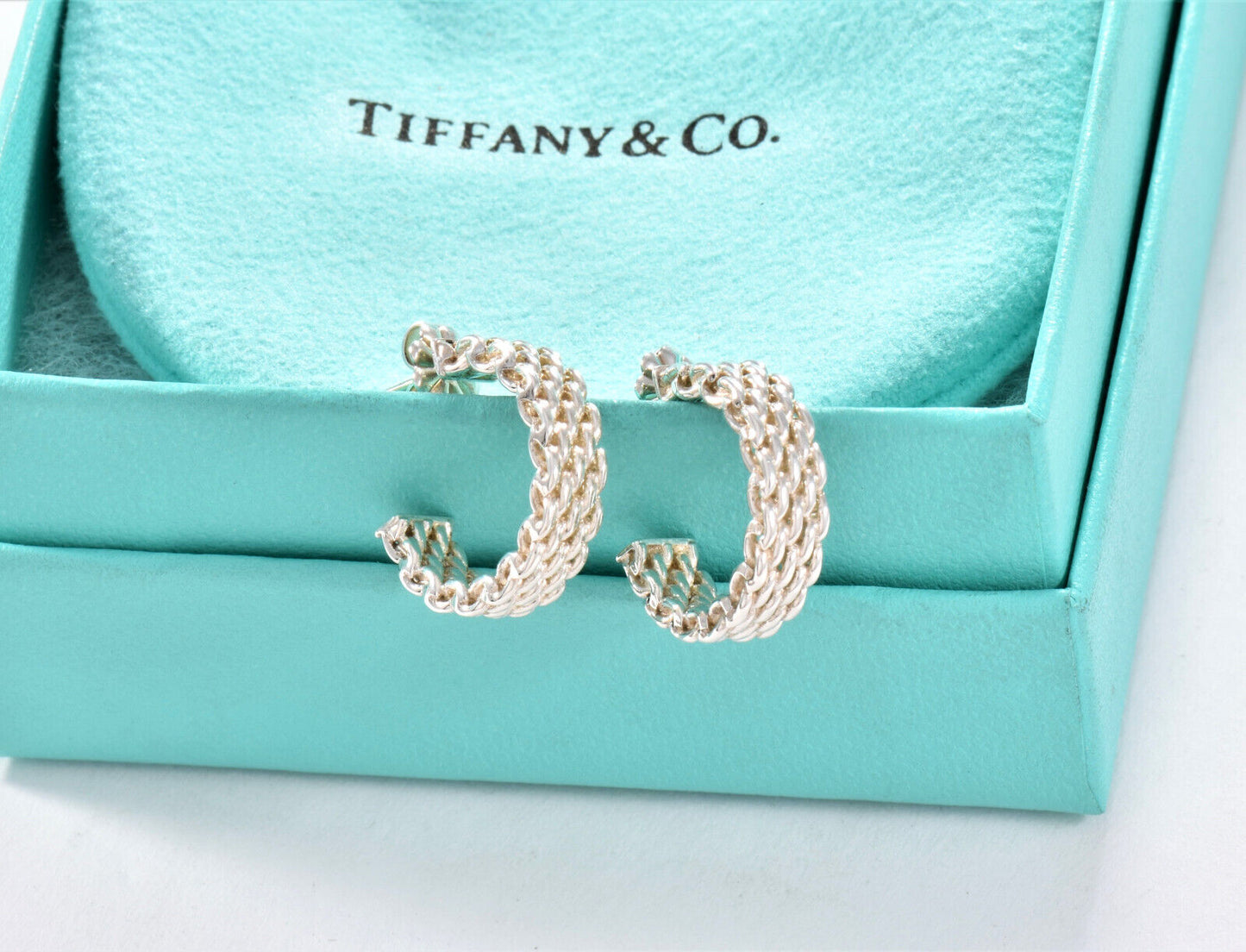 Tiffany & Co Sterling Silver Small 17mm Mesh Hoop Earrings in Box Narrow Rare