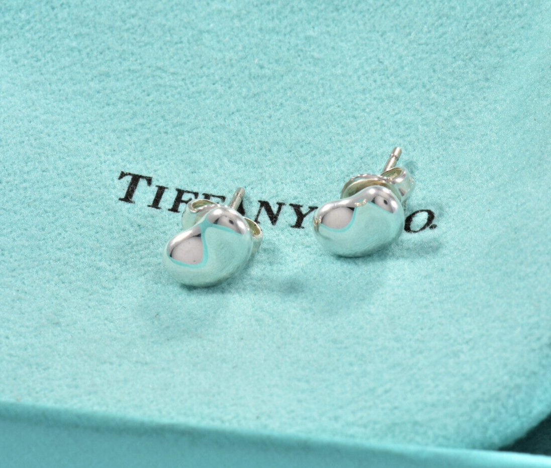 Tiffany & Co Sterling Silver Elsa Peretti 9mm Bean Earrings in Pouch Lovely Gift