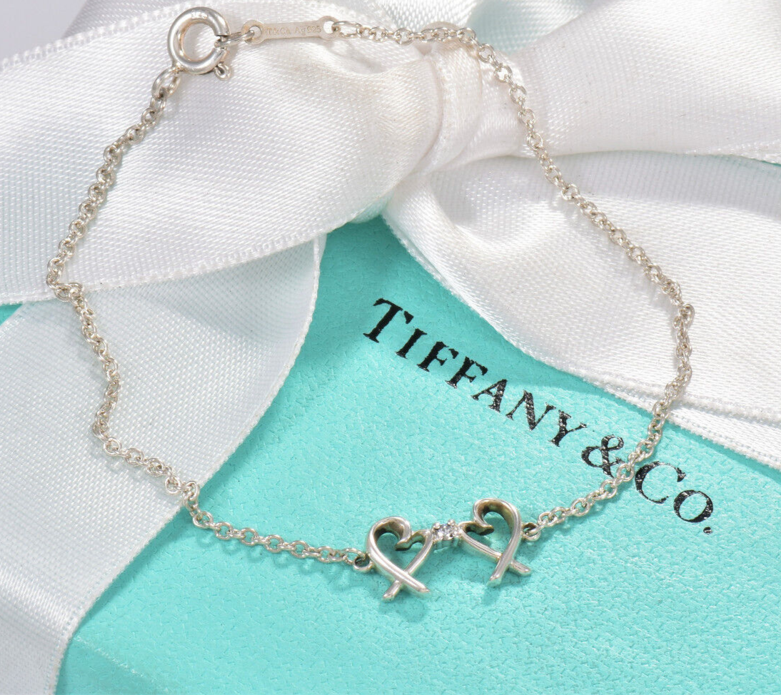 7" Tiffany & Co Diamond Silver Paloma Picasso Double Loving Heart Bracelet Boxed