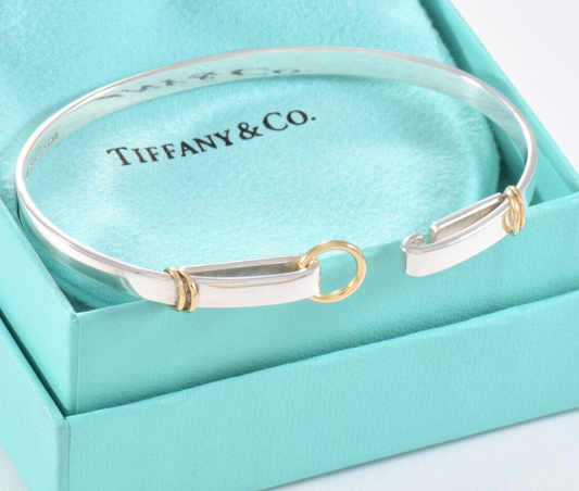 Tiffany & Co Silver 18K Gold Circle Loop Ring Hook 6.75" Bracelet in Box Pouch