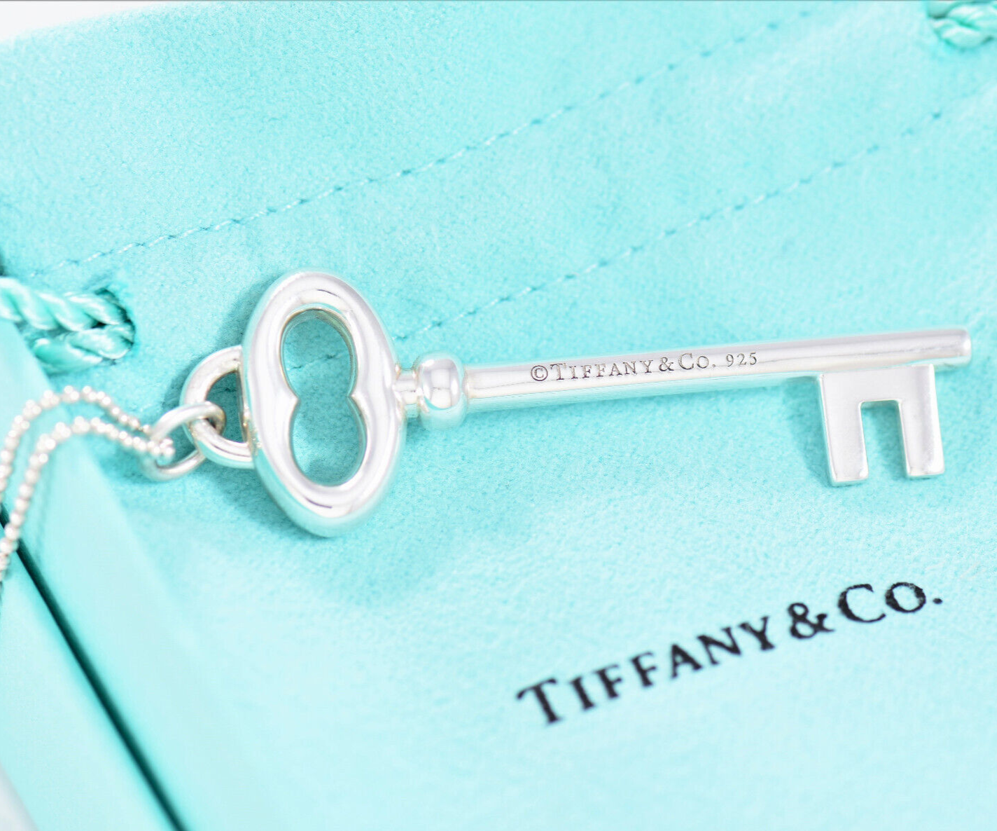 Tiffany & Co Silver Large 2" Oval Key Charm Pendant 16.25" Bead Chain Necklace