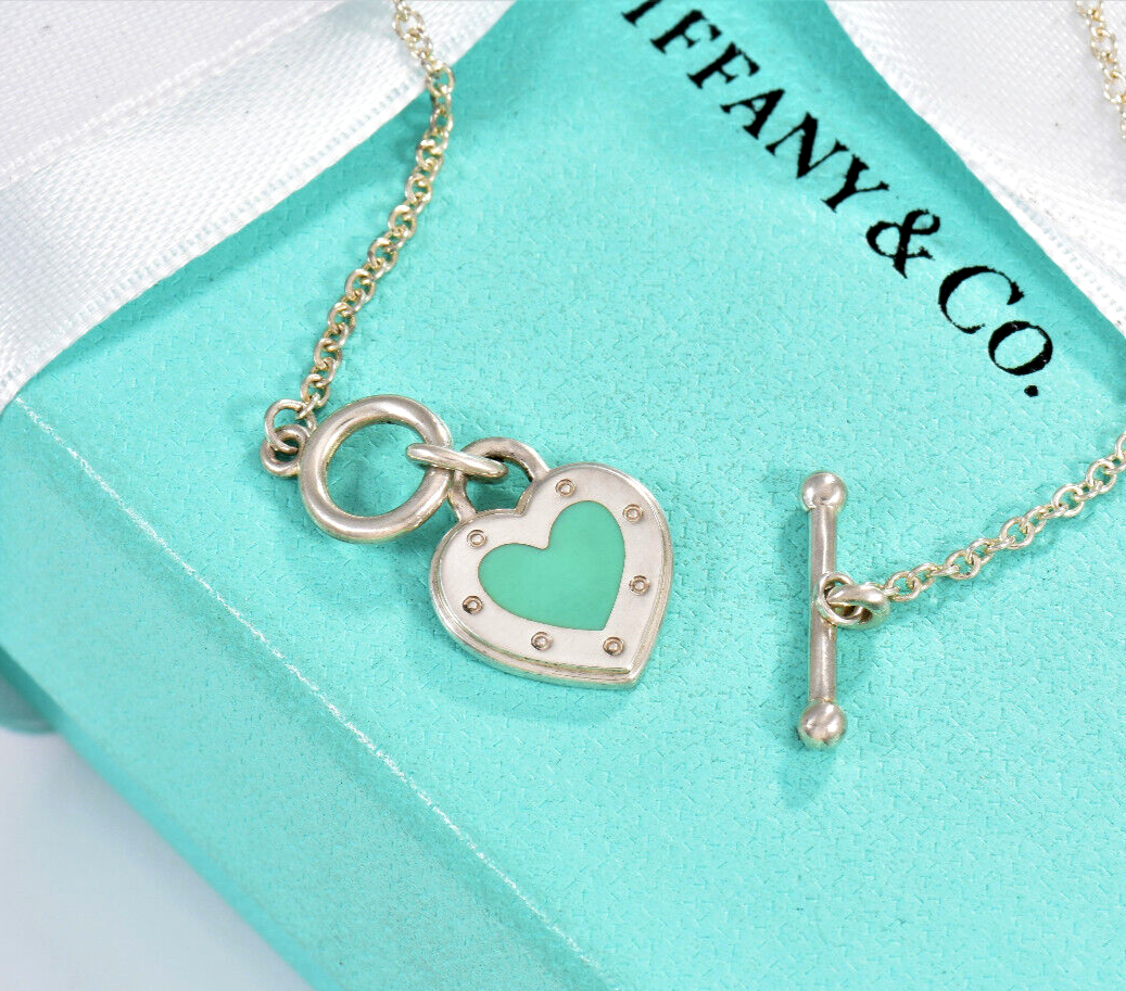 6.75" Return To Tiffany & Co Silver Blue Enamel Heart Charm Toggle Bracelet Box