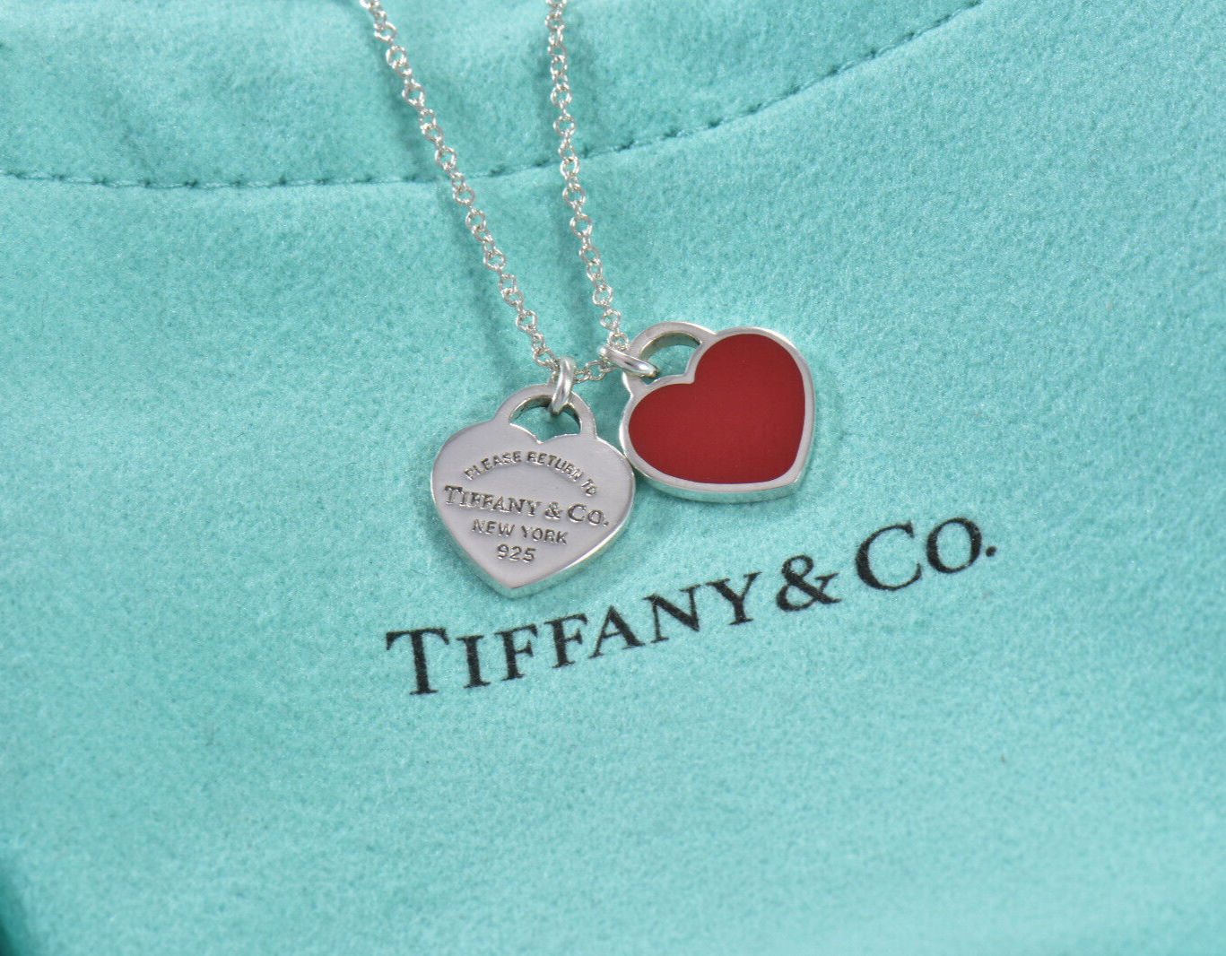 18.5" Please Return Tiffany & Co Silver Mini Double Heart Red Enamel Necklace