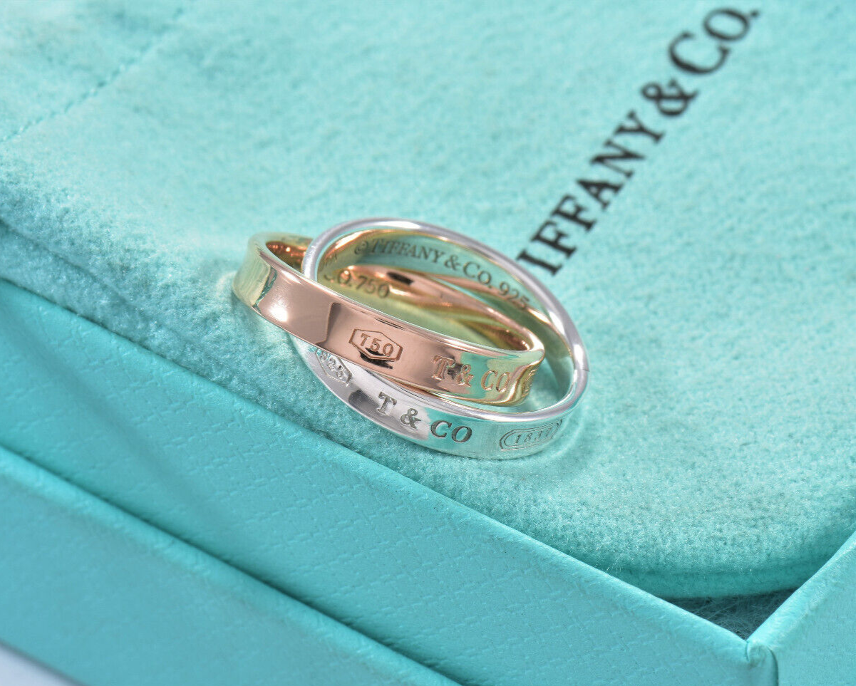 Size 5 Tiffany & Co 18K Rose Gold Silver 1837 Interlocking Circles Ring in Box