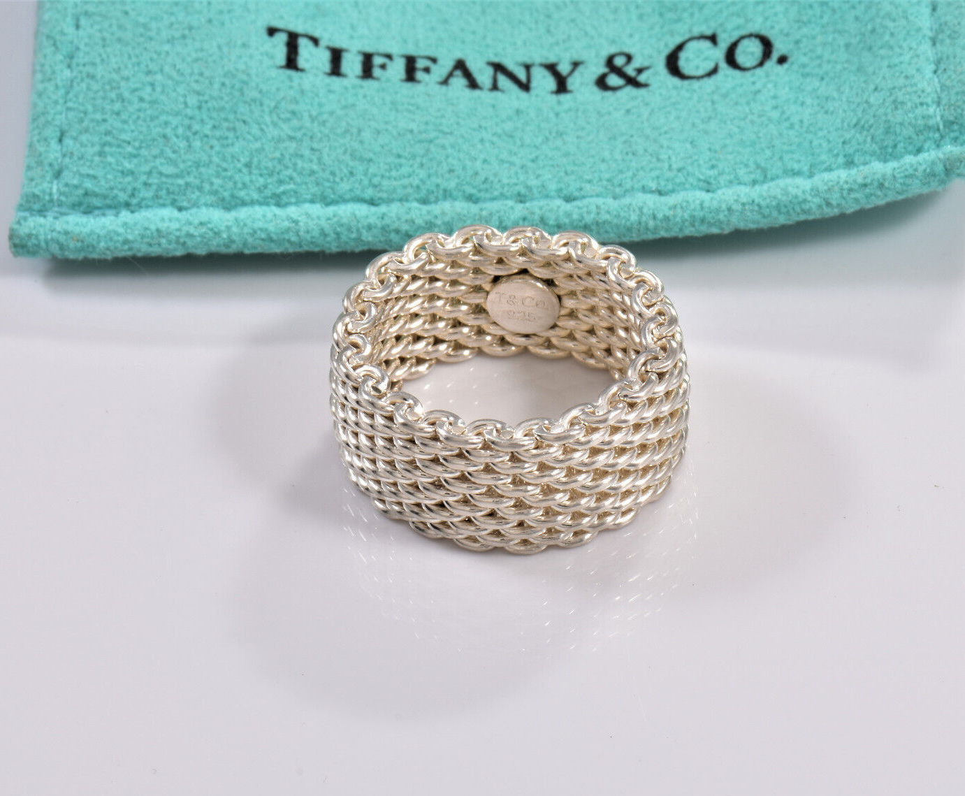 Size 8 Tiffany & Co Somerset Sterling Silver Mesh Link Band Ring in Pouch Rare