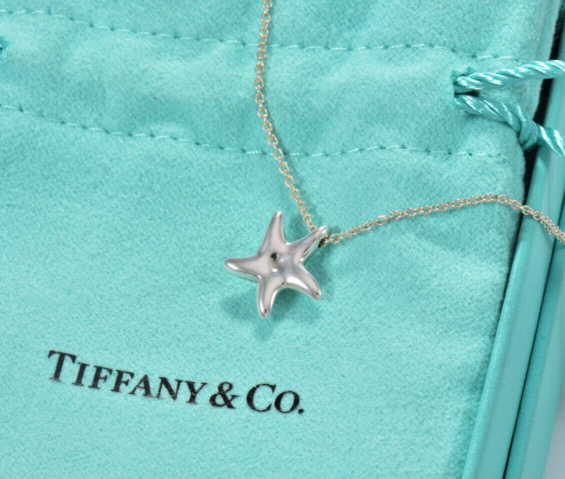 17" Tiffany & Co Silver Elsa Peretti Small Starfish Pendant Necklace in Pouch