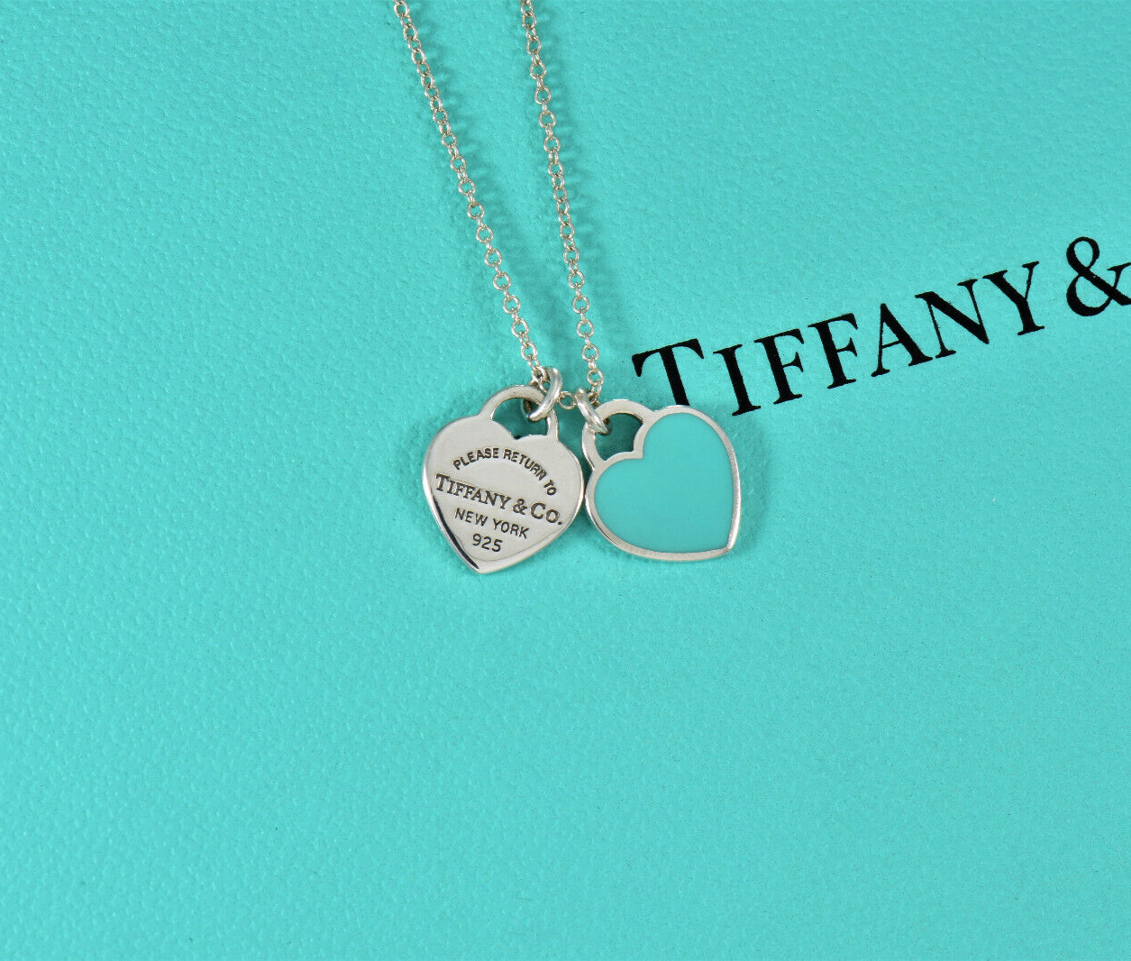 16.5" Please Return Tiffany & Co Silver Mini Double Heart Blue Enamel Necklace