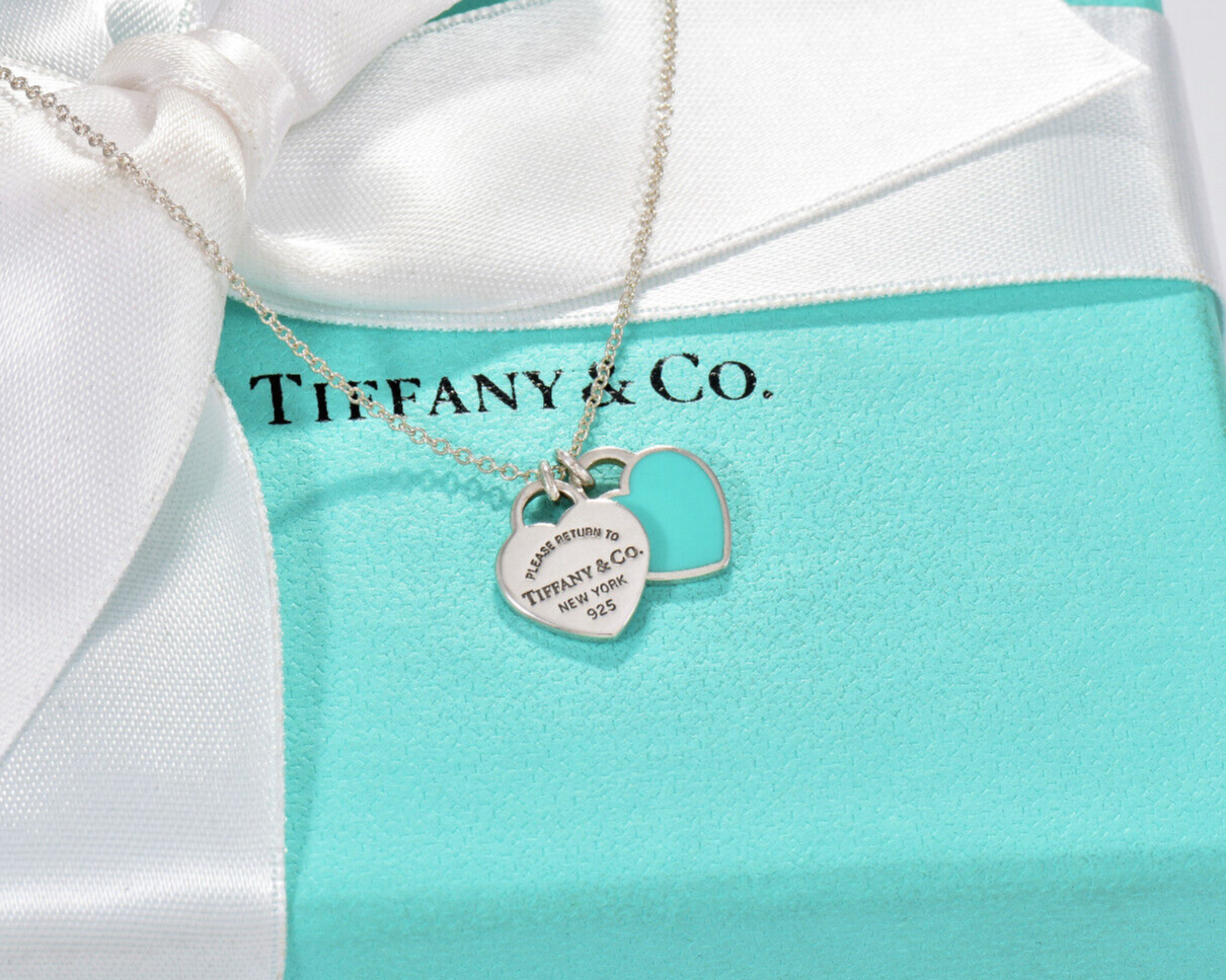 16.5" Please Return Tiffany & Co Silver Mini Double Heart Blue Enamel Necklace