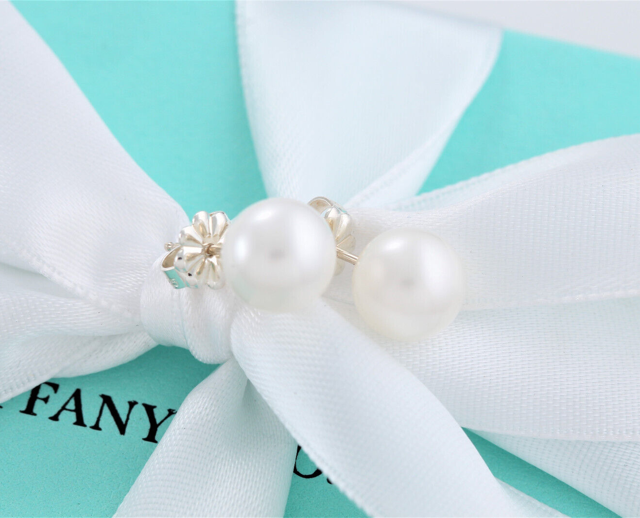 Tiffany & Co Silver Ziegfeld Pearl 9mm Bead Earrings in Box Pouch Ribbon Lovely