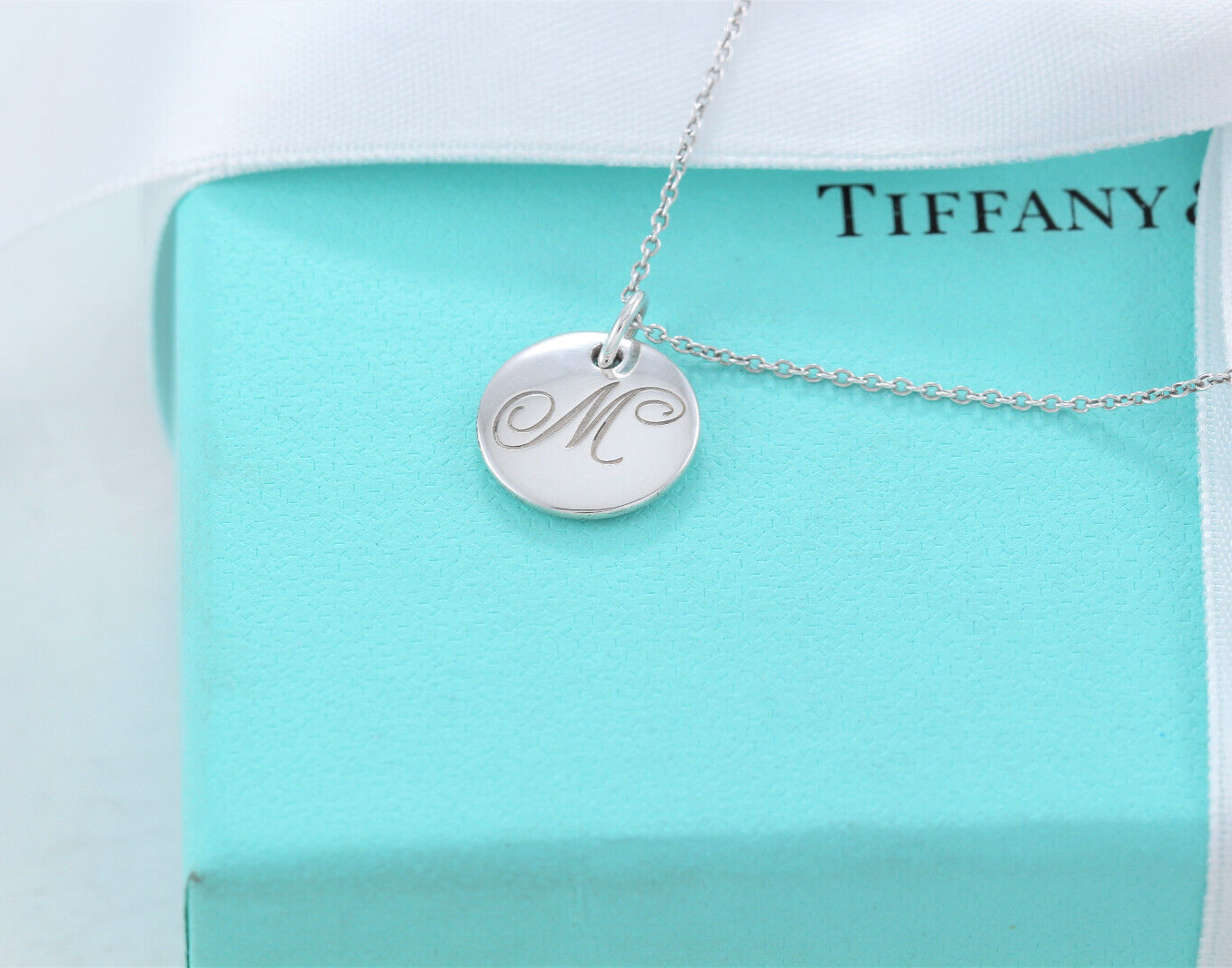 Tiffany & Co Silver Letter M Cursive Circle Pendant 16.25" Necklace in Box Pouch