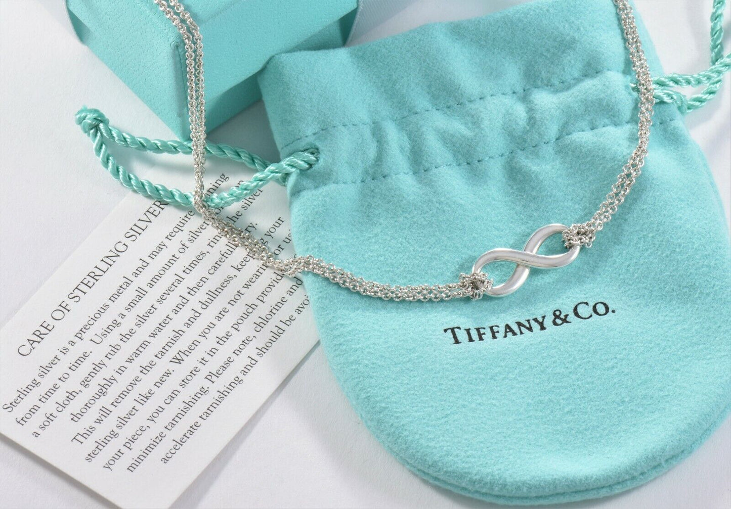 Tiffany & Co Silver Infinity Pendant 16" Double Chain Necklace in Box Pouch Card