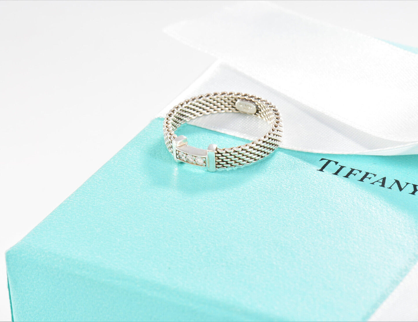 Size 6 Tiffany & Co 3 Diamond Silver Somerset Mesh Narrow Band Ring in Box Pouch