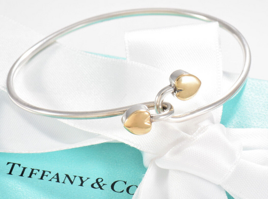 Tiffany & Co 18k Gold Silver Double Heart Hook Bracelet in Box Pouch Bangle Rare