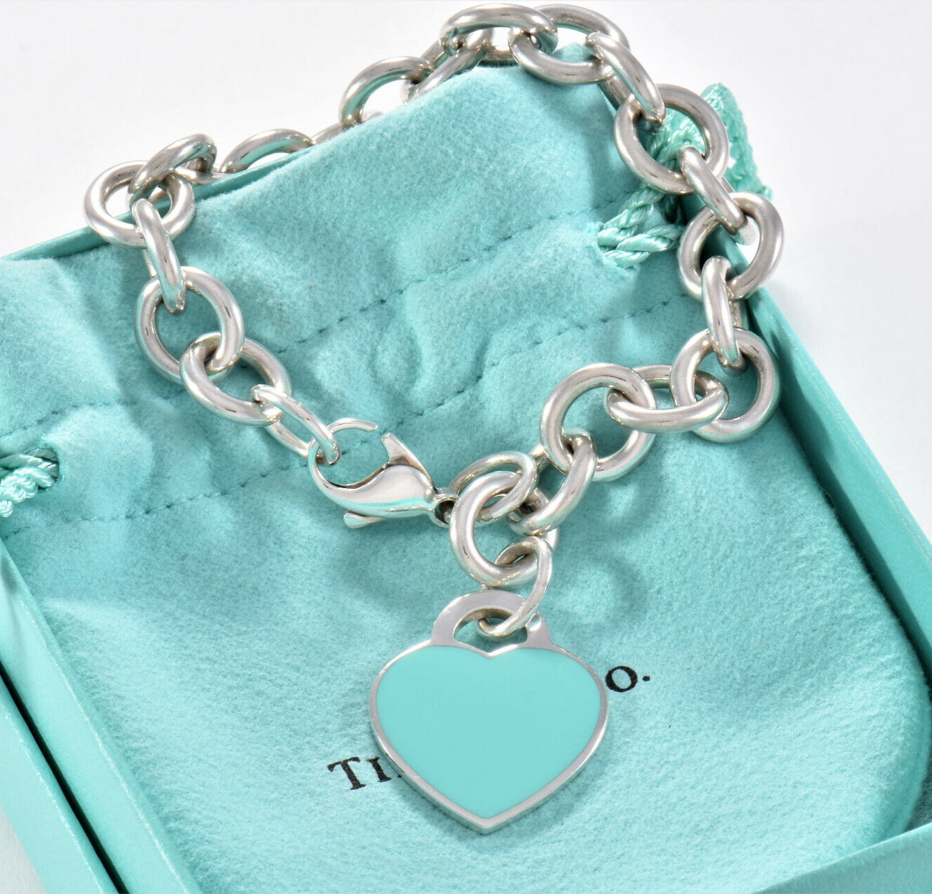 Please Return To Tiffany & Co Silver Blue Enamel Heart Chain Link 7.5" Bracelet