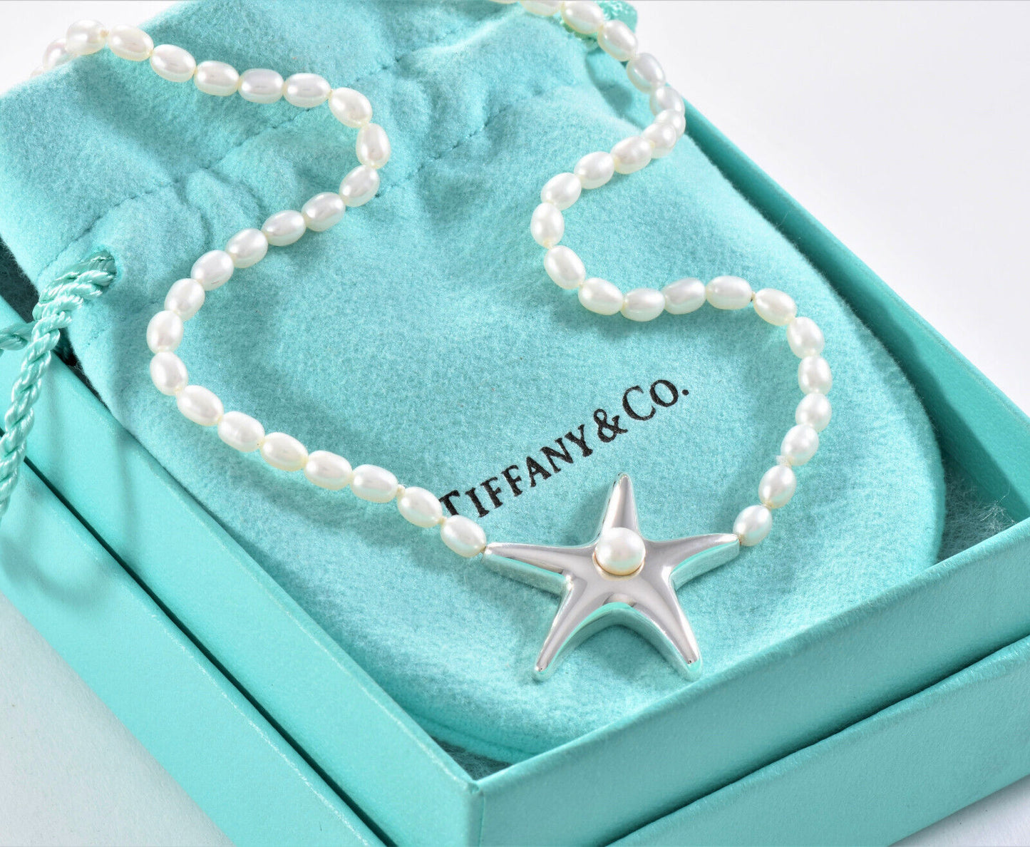 Vintage Tiffany & Co Sterling Silver Pearl Bead Starfish Pendant Necklace Pouch