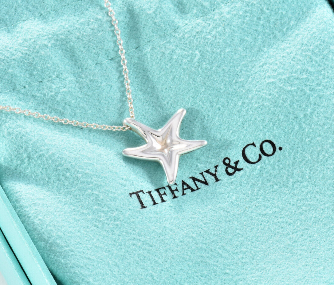 Tiffany & Co Silver Elsa Peretti Medium Starfish Pendant 16" Necklace Box Pouch