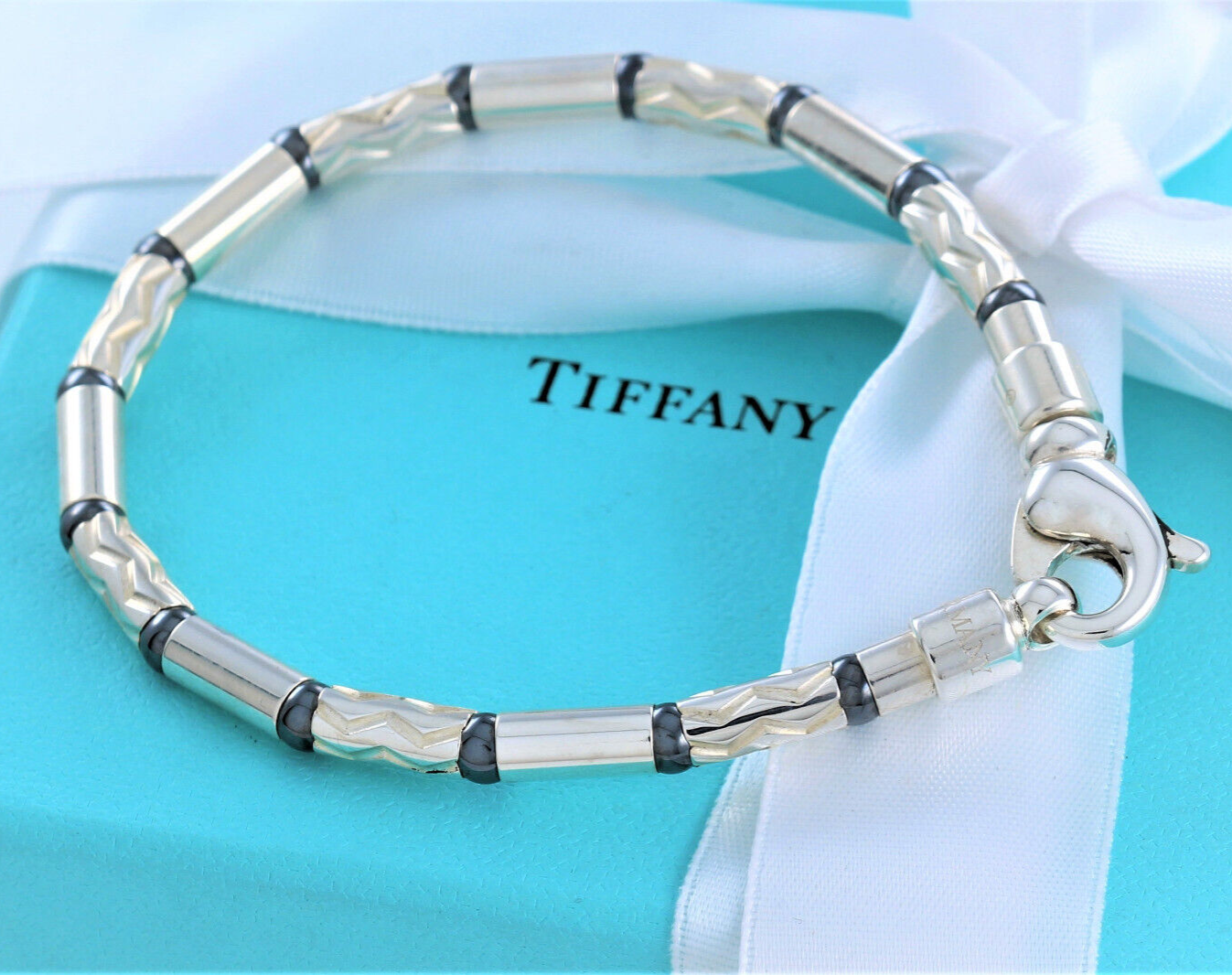 7.75" Tiffany & Co Silver Hematite Aztec Bead Link Bracelet in Pouch Rare Men's