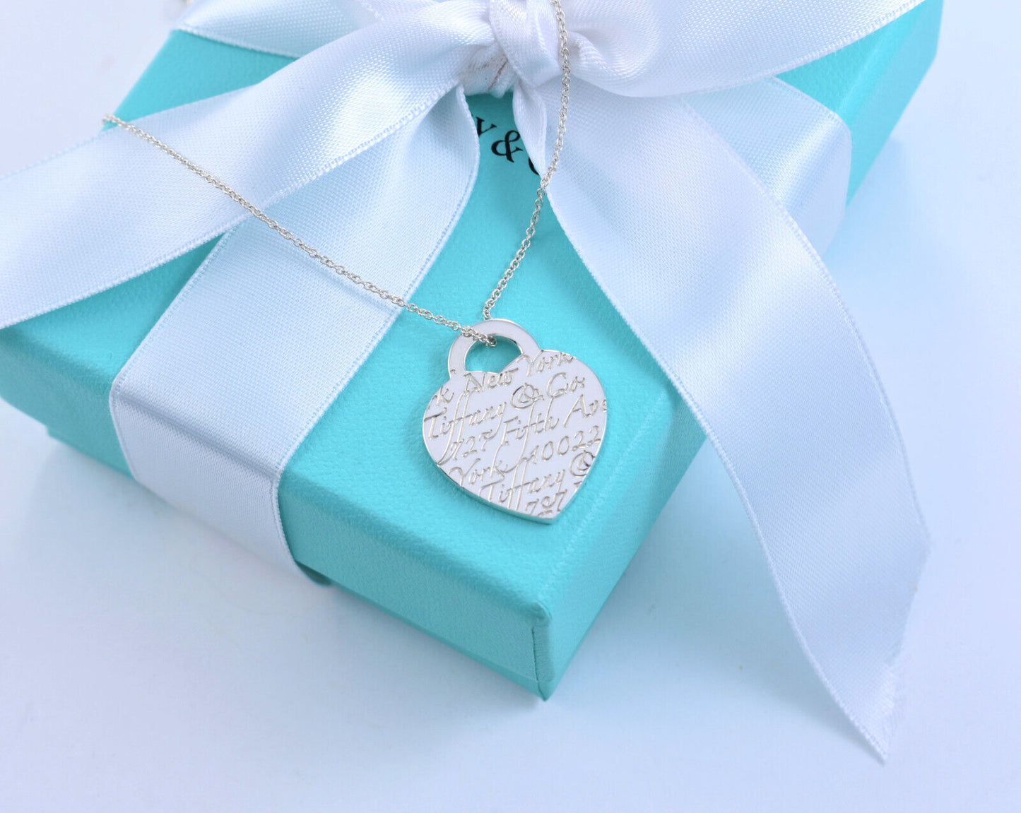 Tiffany & Co Silver Large 1" NY Adress Notes Heart Pendant 18" Necklace in Box