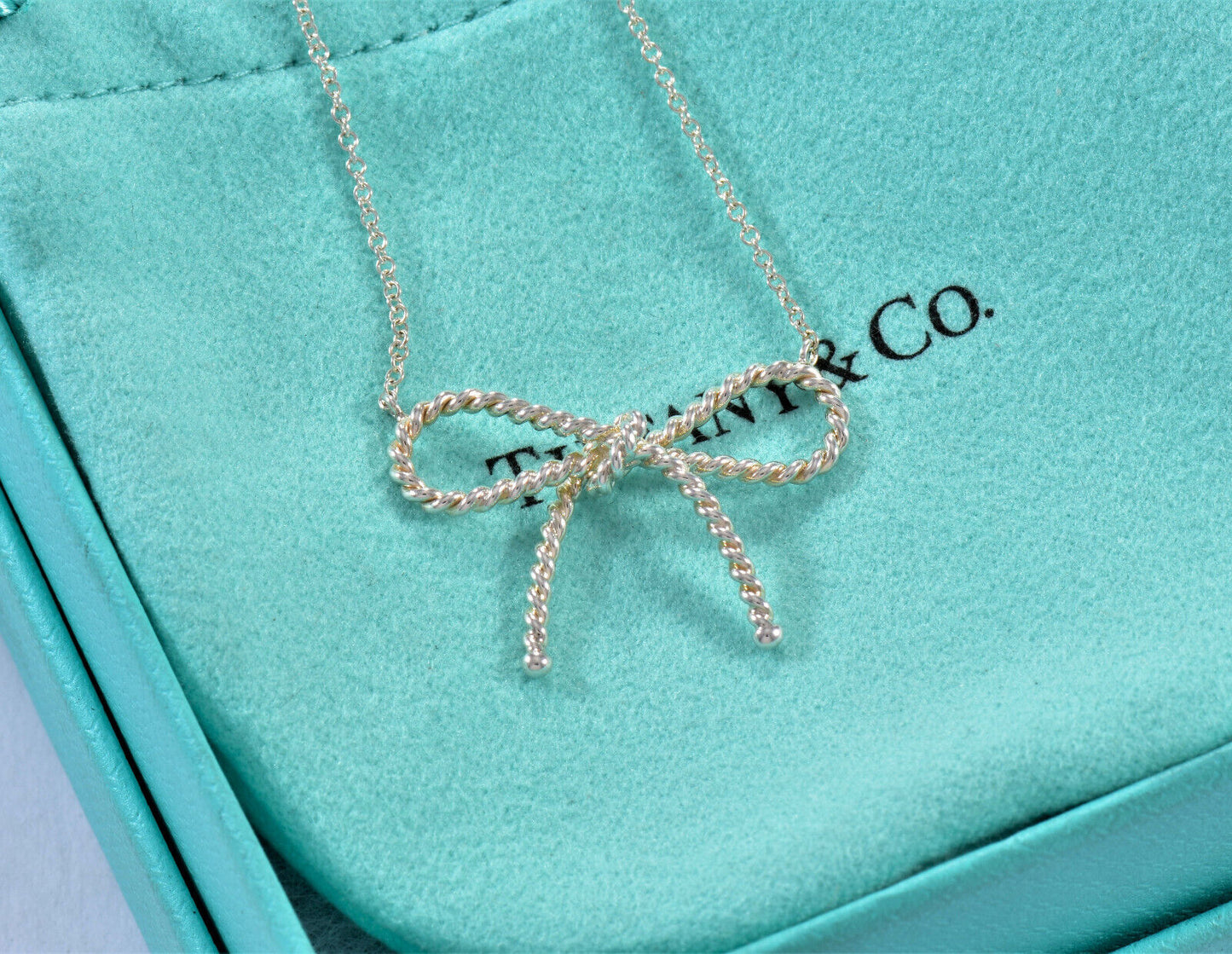 Tiffany & Co Silver Large Rope Ribbon Bow Pendant 16.75" Necklace in Box Pouch