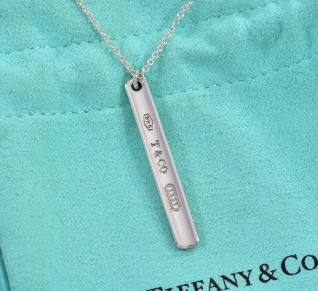 Tiffany & Co Sterling Silver 1837 Thin Bar Pendant Necklace in Box Pouch Ribbon