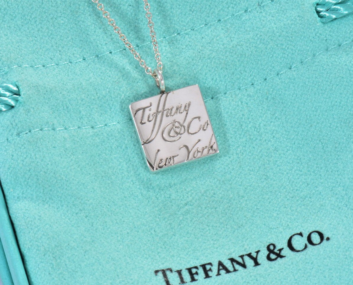 18.25" Tiffany & Co Silver NY Notes Square Wavy Pendant Necklace in Pouch Rare