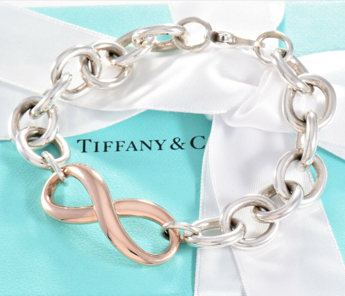 Heavy 7.75" Tiffany & Co Rubedo Gold Metal Silver Infinity Large Chain Bracelet