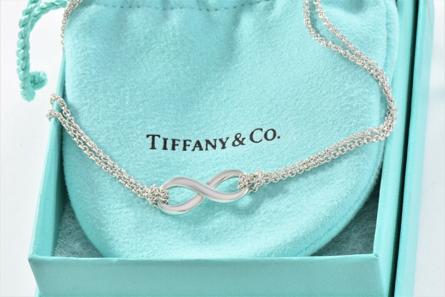 Tiffany & Co Silver Infinity Pendant 16" Double Chain Necklace in Box Pouch Card