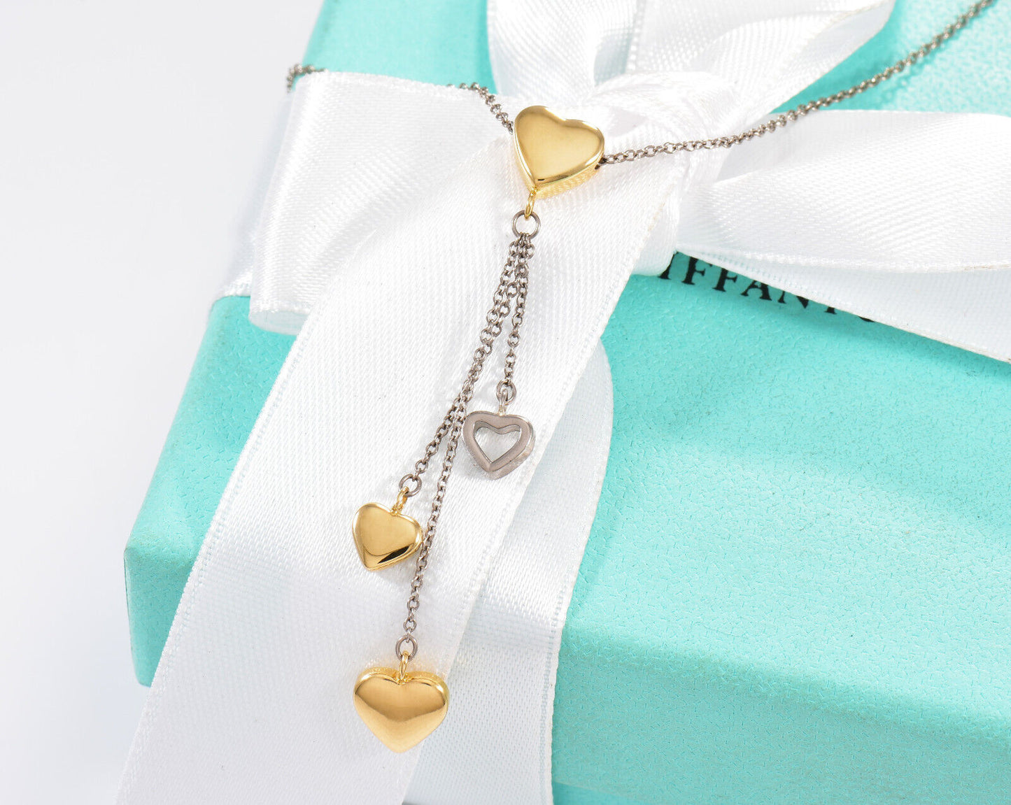 Tiffany & Co 18K Yellow White Gold Heart Drop Pendant Dangle Necklace in Box