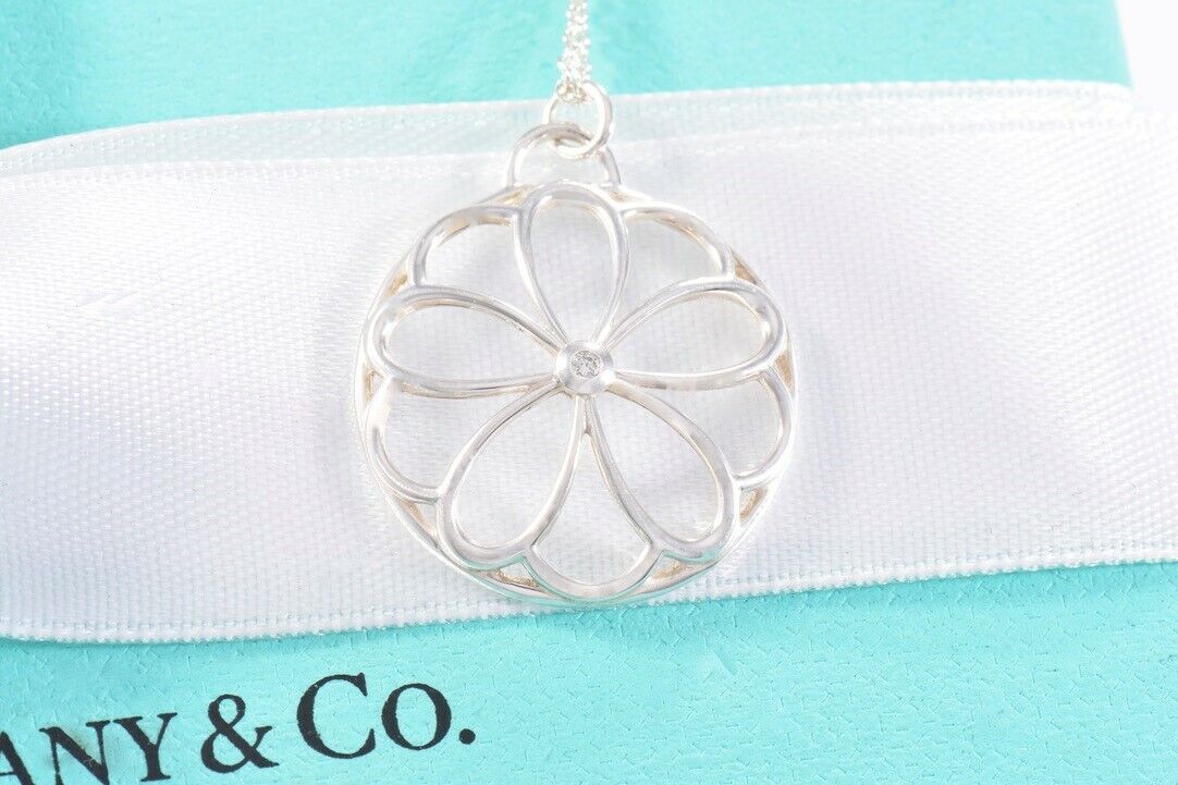 Tiffany & Co Silver Diamond Blossom Garden Flower Pendant 16.25" Necklace Pouch